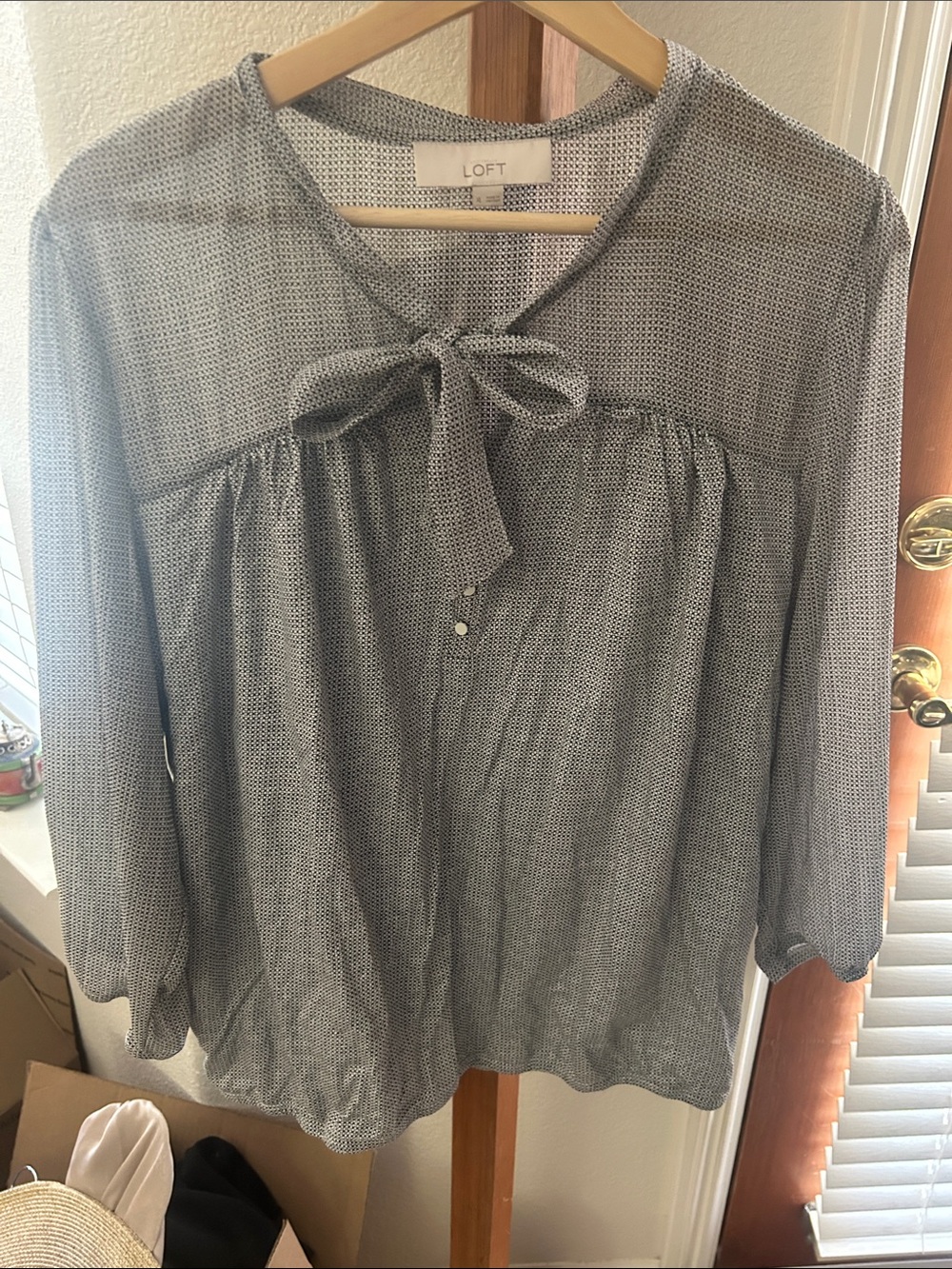 LOFT Grey Tie-Neck Bow Blouse